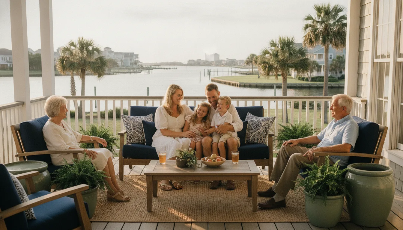 Family relaxing together on a Wilmington, NC waterfront porch